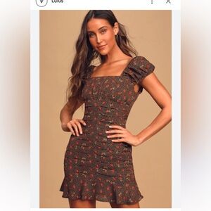 Lulus Finding Romance black multi print pleated mini dress size large red roses